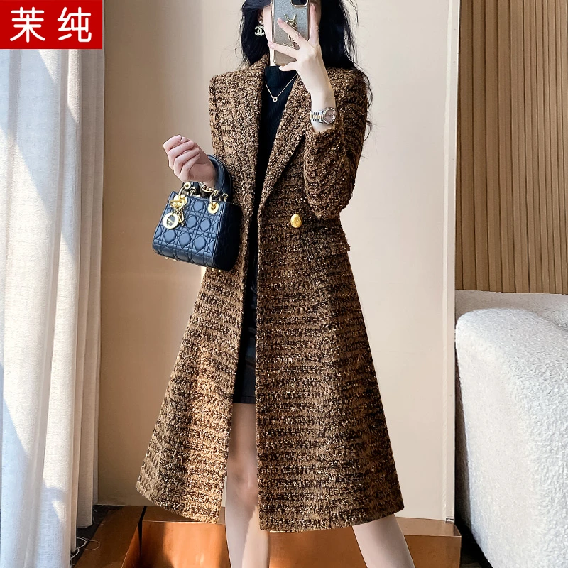 毛呢外套女2026新款咖色条纹长款加厚保暖深冬独特超好看呢子大衣