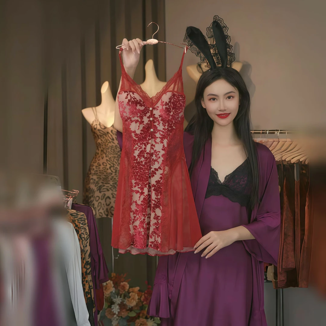 【芳心纵火】内衣性感聚拢加胸垫纯欲甜美丝绒透视网纱睡裙蕾丝显瘦