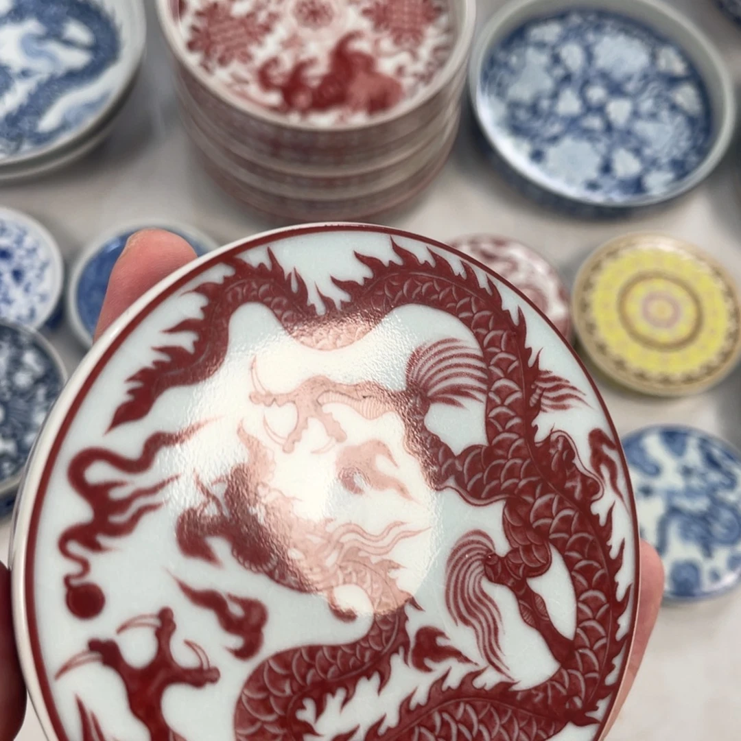 瓷片景德镇釉里红铠甲龙盖置