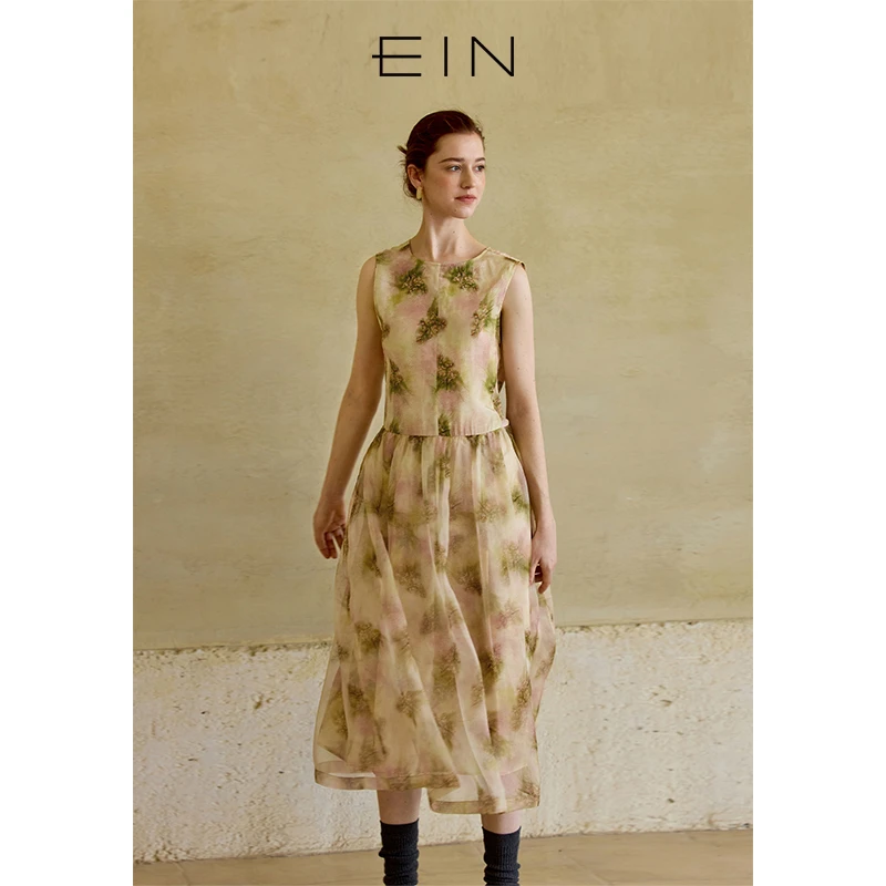 EIN/言商场同款新品火焰印花双层丝棉拼接无袖连衣裙