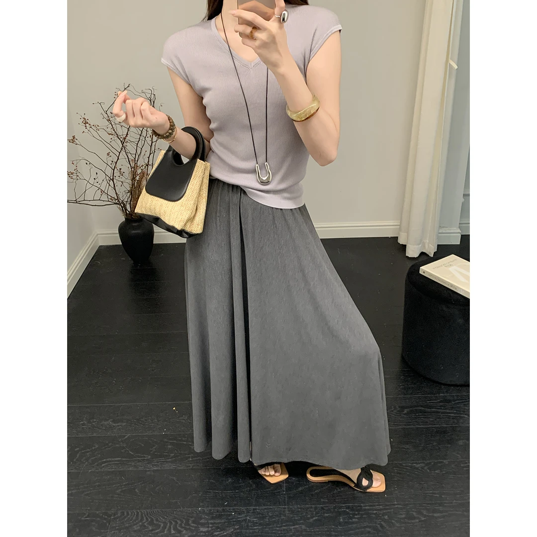 安酒月【静灰】天丝棉高级感极简半身裙女休闲显瘦松弛感针织长裙