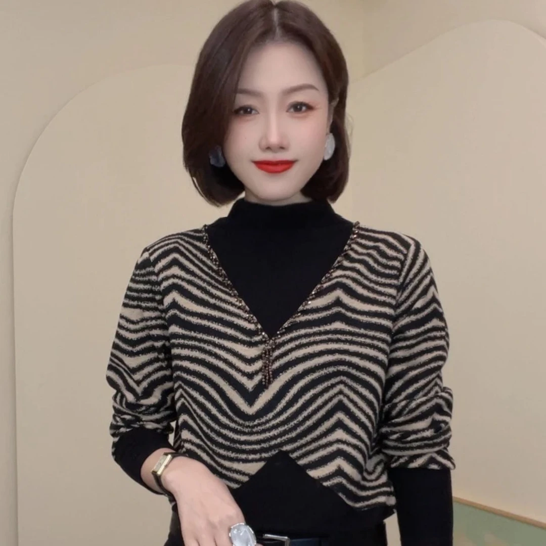 冬季双面德绒半高领拼接条纹保暖长袖T恤时尚显瘦女士小衫