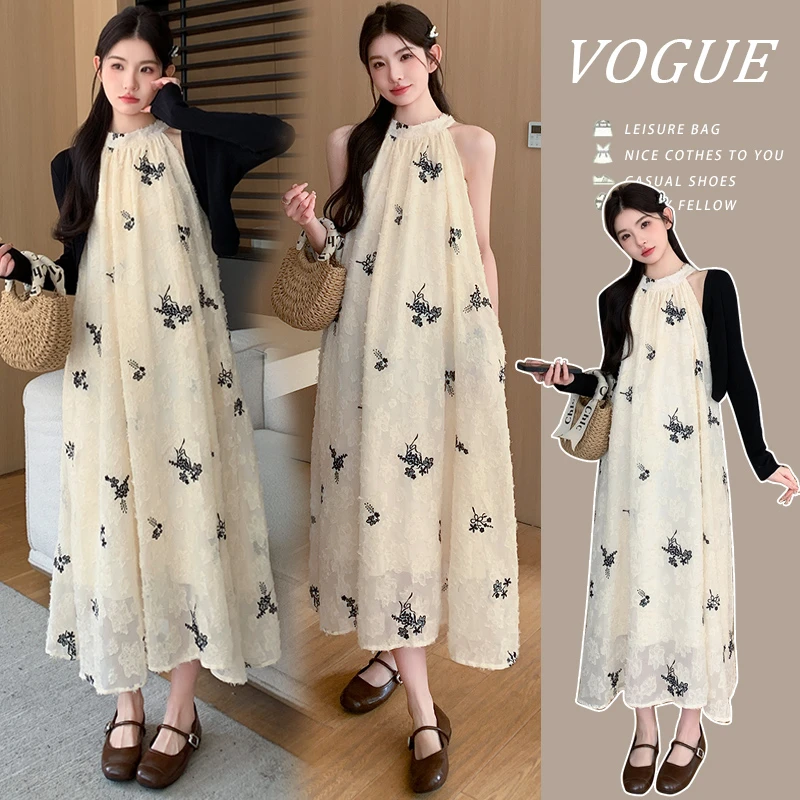 MIMI~孕妇装2024春夏季宽松时尚大码挂脖刺绣孕妇连衣裙+防晒开衫