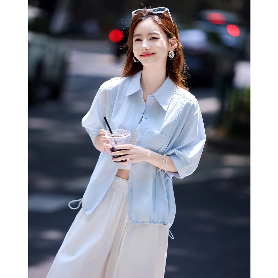 尚静100%棉通勤风五分袖衬衫2025夏季新款时尚休闲百搭抽绳下摆