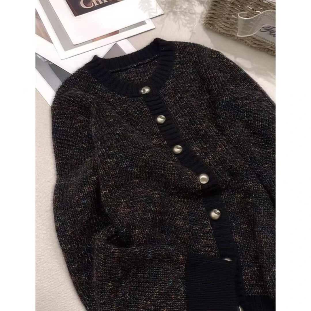 【花纱金扣】小香风气质网红针织时尚百搭黑色圆领开衫