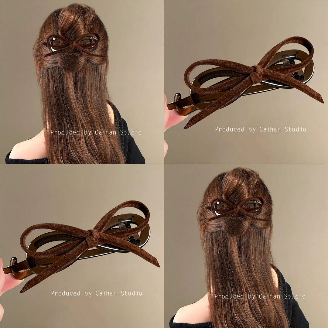 摩卡慕斯~复古牛奶绒蝴蝶结抓夹女高级感气质棕调一字扭扭夹盘发