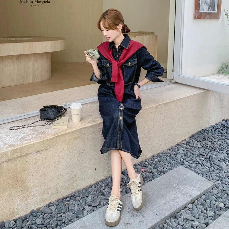 韩版红色复古披肩牛仔连衣裙女2025早秋新款高级感休闲百搭衬衫裙