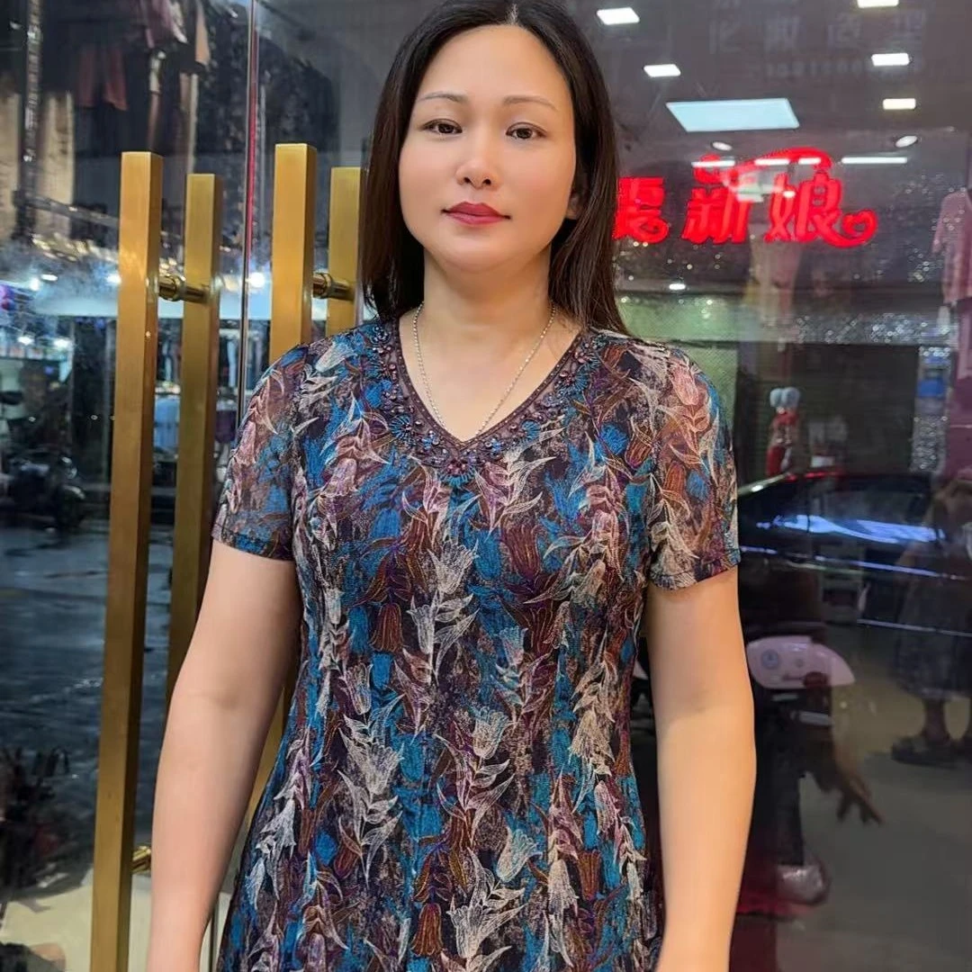 中年妈妈夏季短袖收腰台湾纱洋气高贵时尚花连衣裙