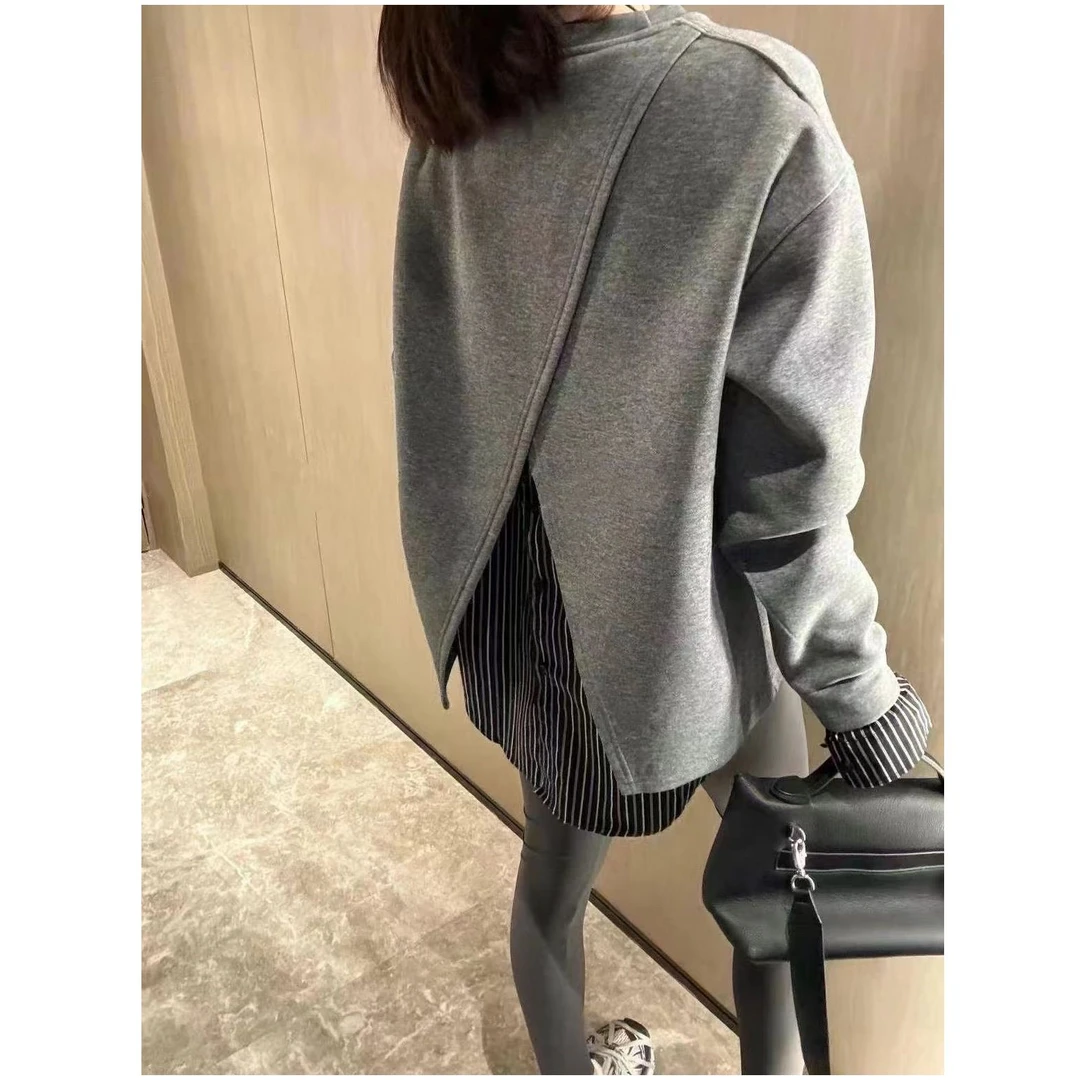 KIKI严选：60608-7家欧洲站南油秋冬新款后交叉下摆拼接条纹卫衣