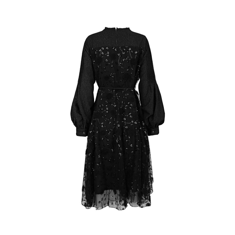 【安瞳专属】圣迪奥圆领网纱压褶灯笼袖连衣裙S234Z12E8