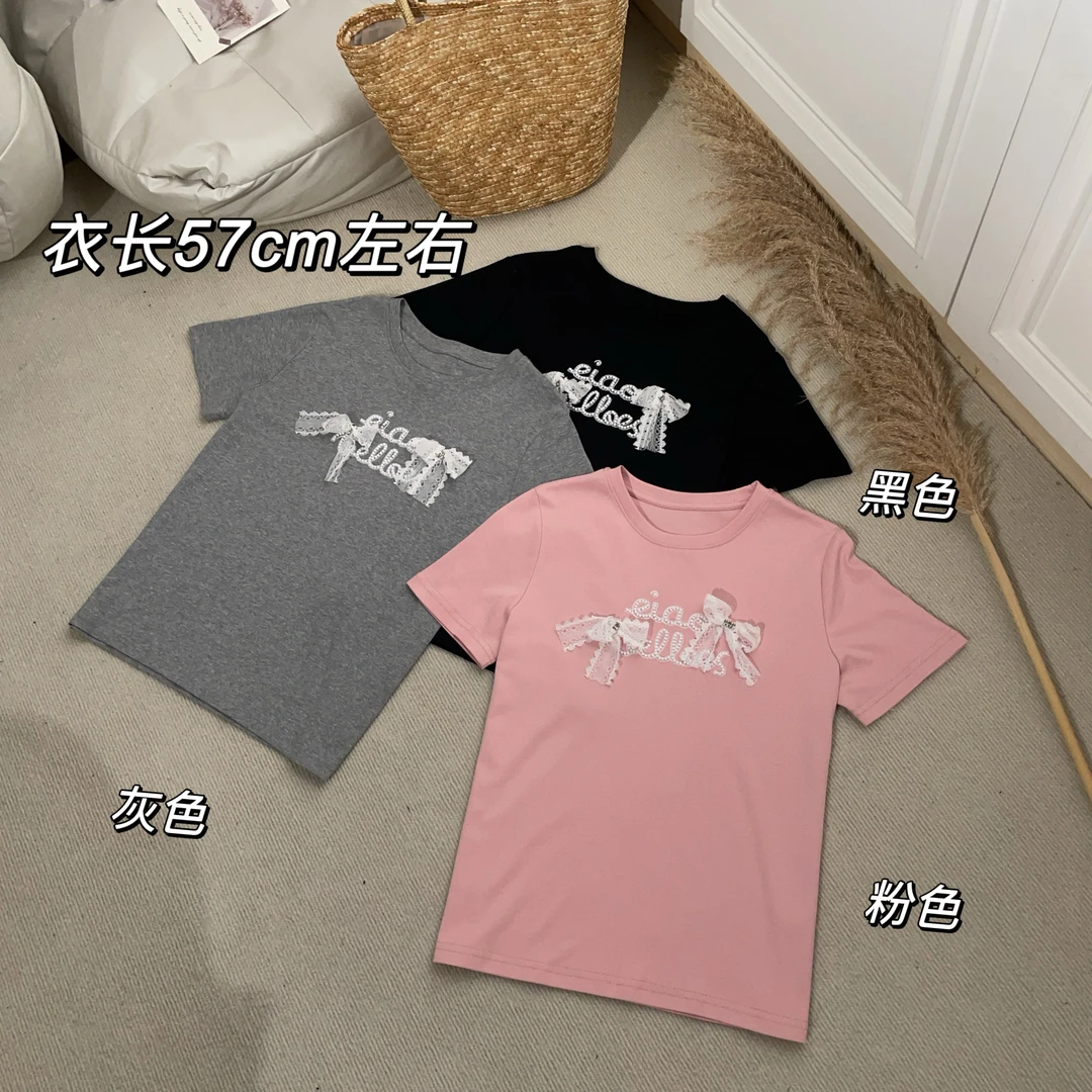 【Si&华严选】韩系洋气钉珠蕾丝圆领短袖T恤时尚百搭显瘦上衣39981