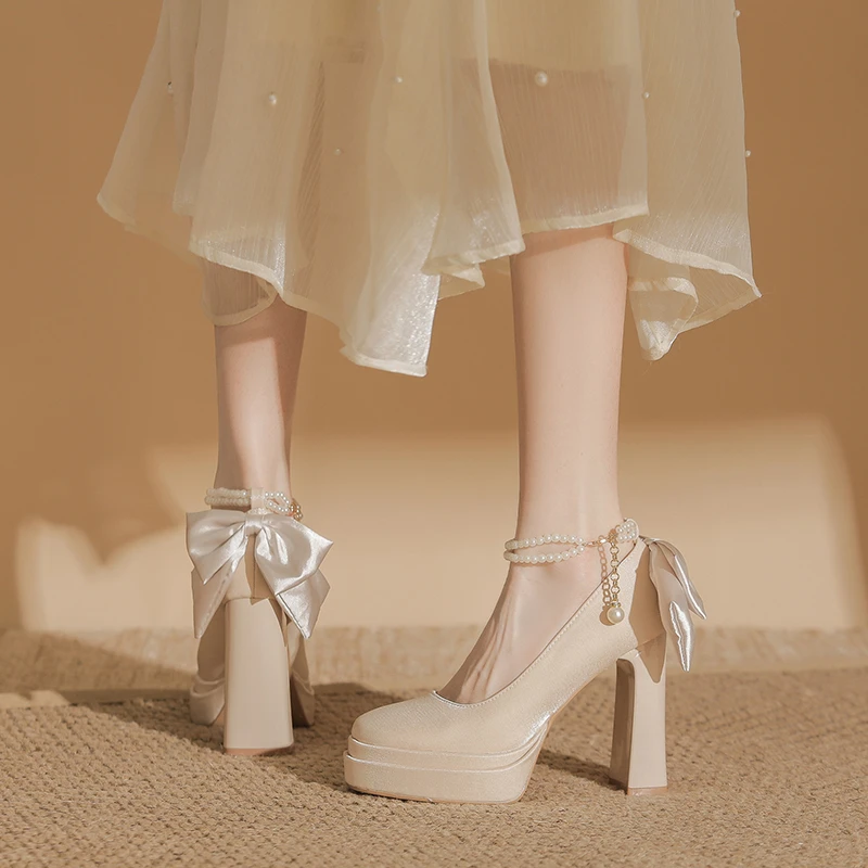 防水台法式玛丽珍鞋芭比方头新娘婚鞋缎面一字带粗跟高跟鞋女11cm