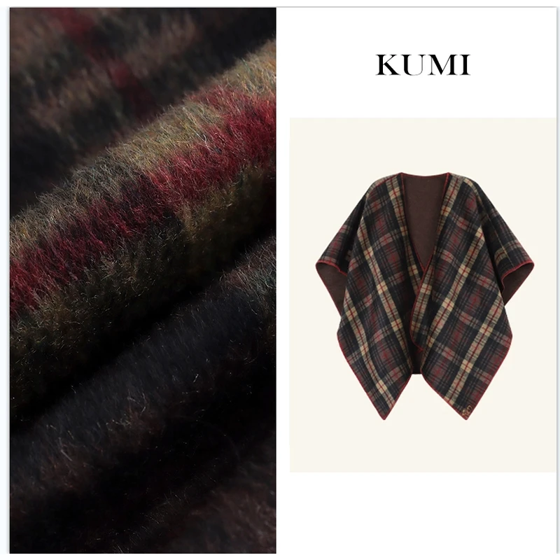 WSMY复古单面穿围巾斗篷大衣女冬季设计感宽松格纹毛呢外套