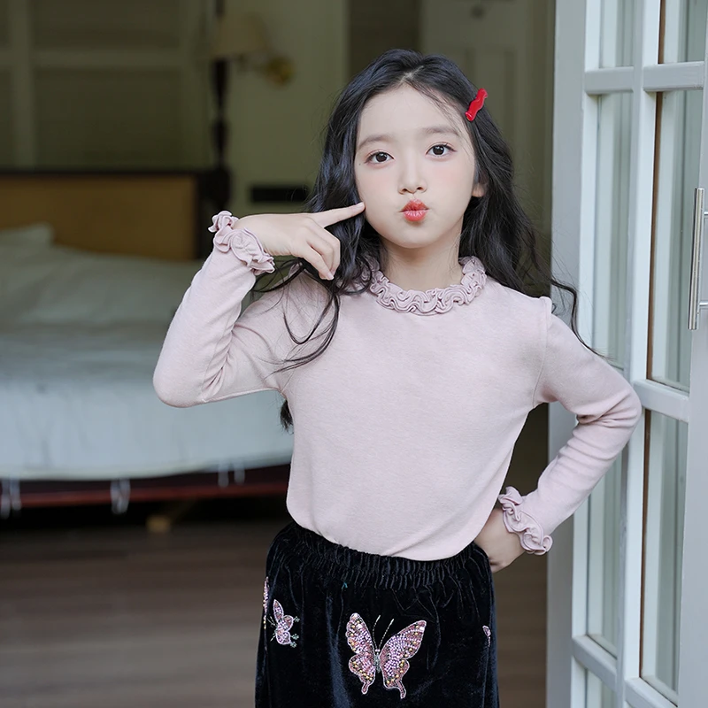 0769615女童秋冬花边领打底衫内搭2025新款中大童洋气百搭长袖T恤