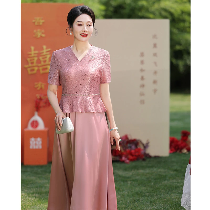 喜婆婆婚宴装2025新款妈妈礼服婚礼粉色连衣裙蕾丝结婚喜服高贵夏