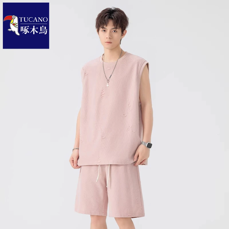 啄木鸟2025年春季新款时尚休闲破洞透气无袖背心五分短裤运动套装