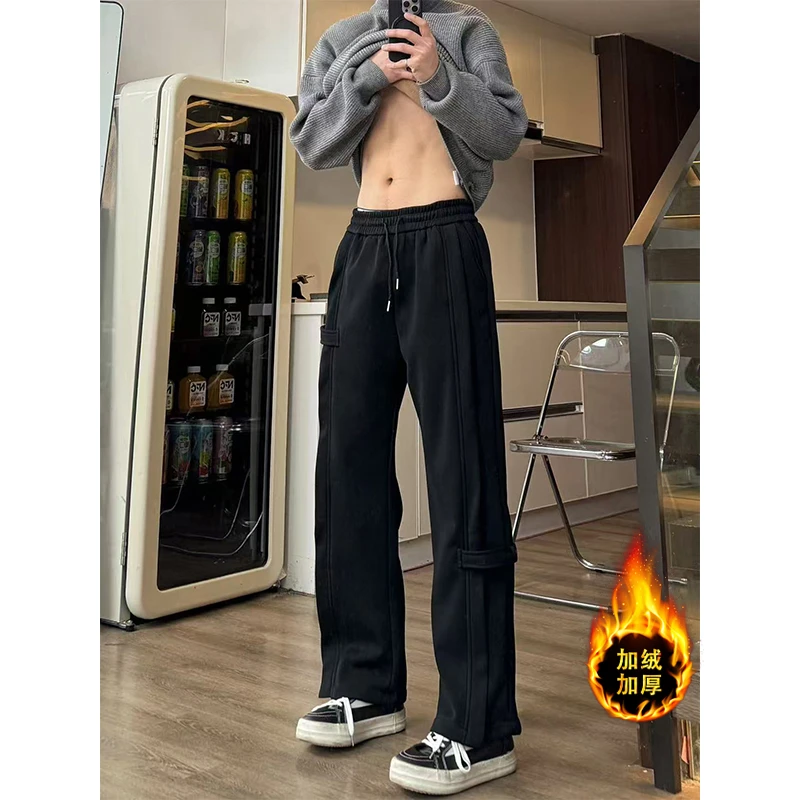 黑色解构重磅卫裤男款秋冬季cleanfit裤子加绒加厚直筒休闲运动裤