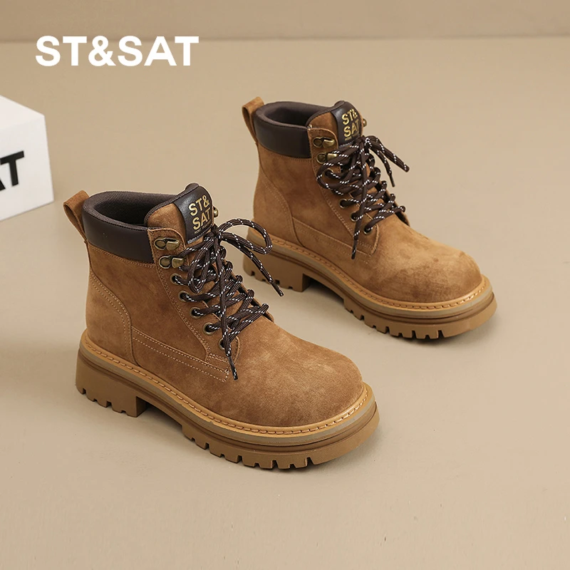 星期六经典复古百搭马丁靴女2025秋季新款英伦风高帮系带大黄靴女