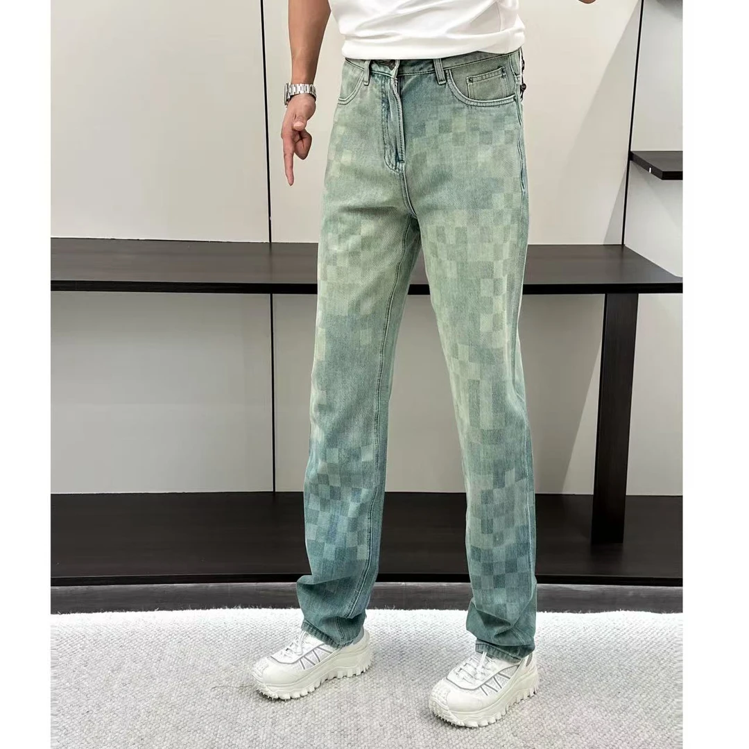 東•Dongzi 春季新款丨棋盘格时尚欧货休闲渐变直筒牛仔裤512
