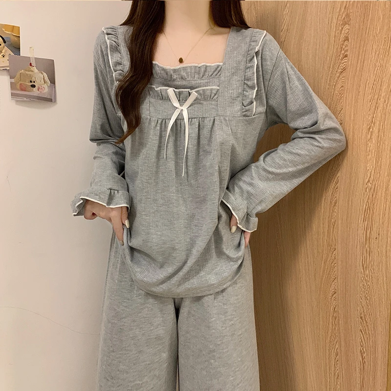 带胸垫睡衣女春秋季精梳棉长袖灰色宫廷风大码居家秋季家居服套装