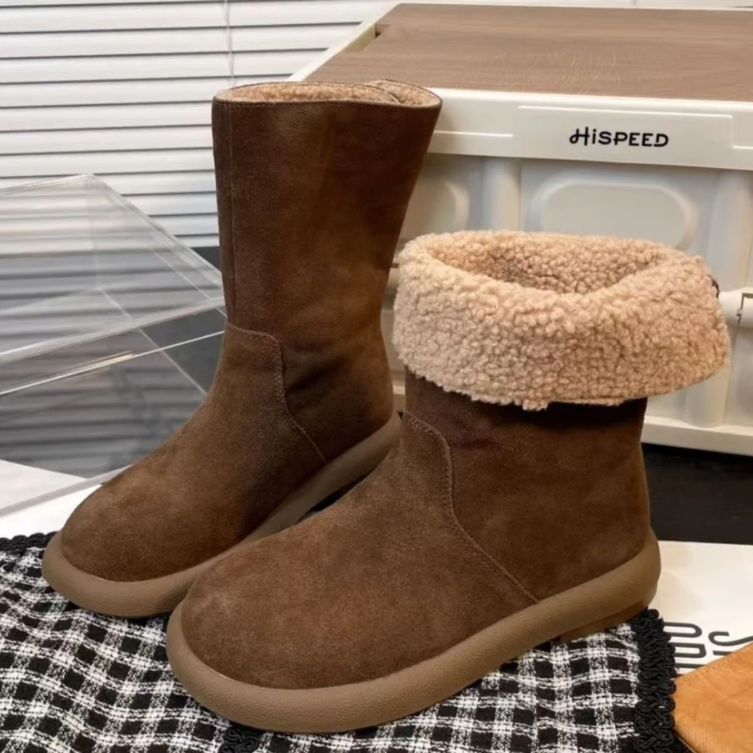 磨砂皮秋冬加绒加厚棉鞋网红后搭扣平底短靴两穿靴子复古雪地靴