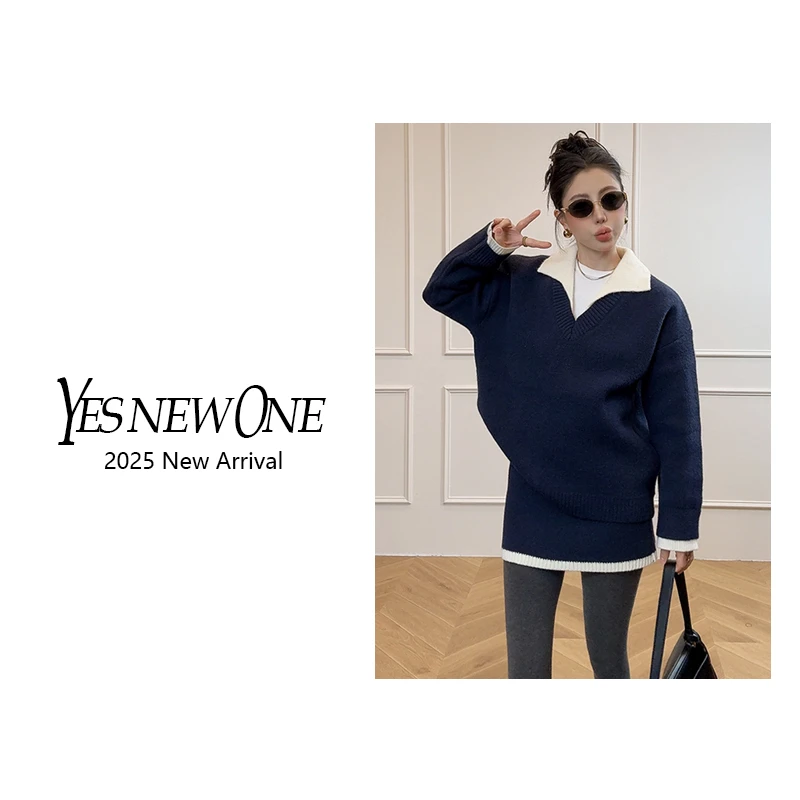 【大蟲家】两件套 韩版拼接大翻领气质假两件厚款毛衣+短裙2025冬季