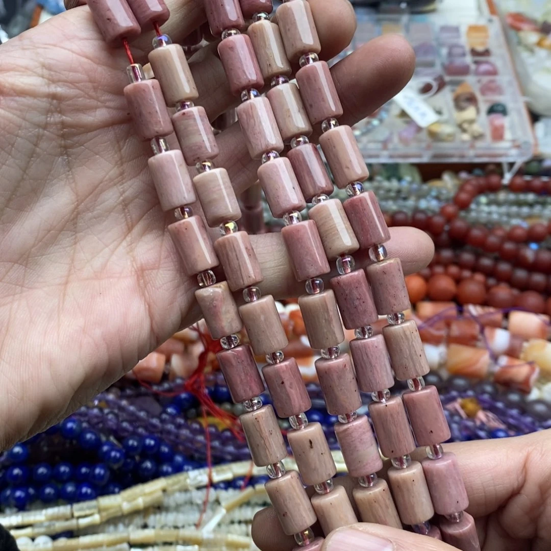 玛瑙/玉髓未镶嵌珠宝半成品一条天然8×12红木纹蔷薇桶珠