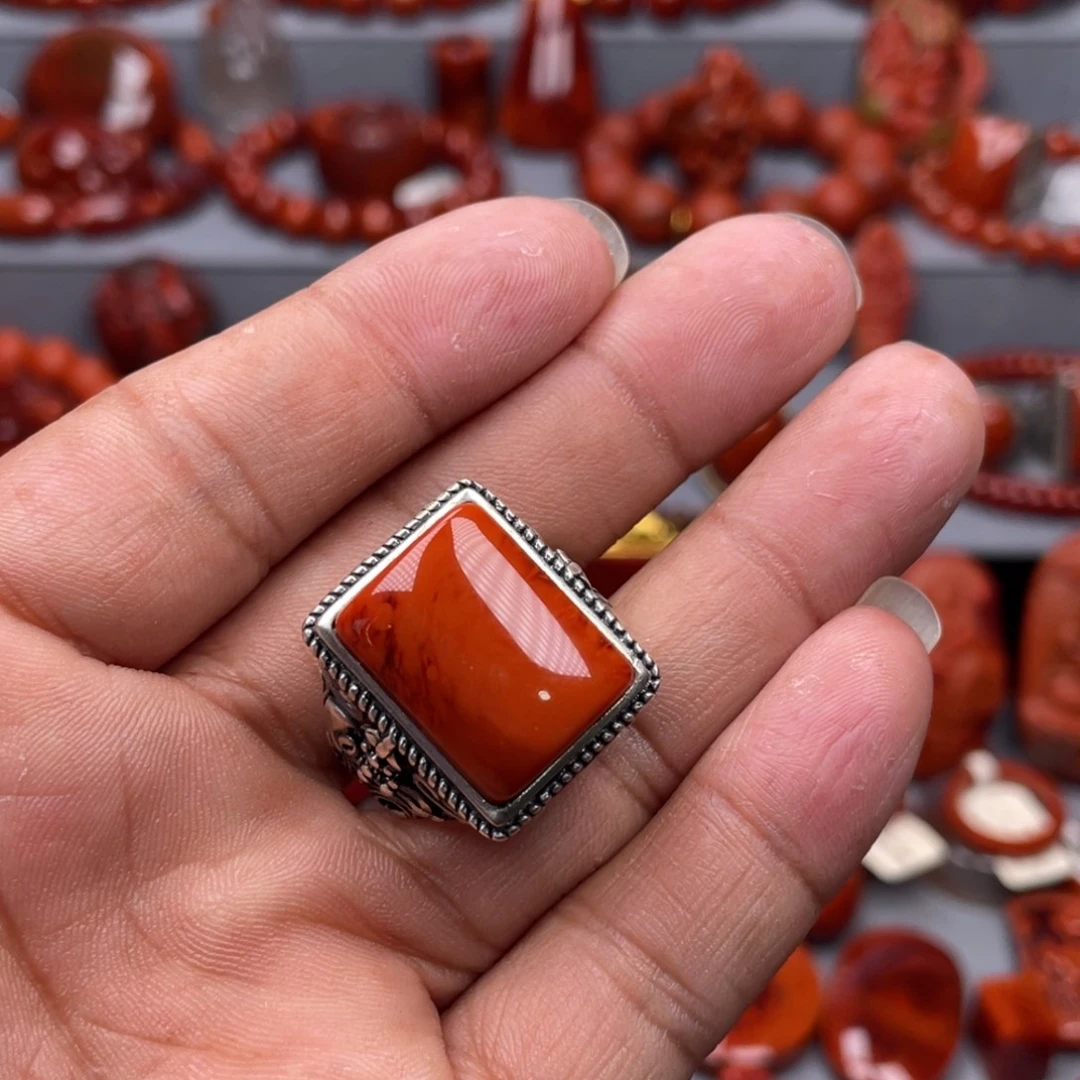 南红玛瑙银S925镶嵌珠宝奇石戒指