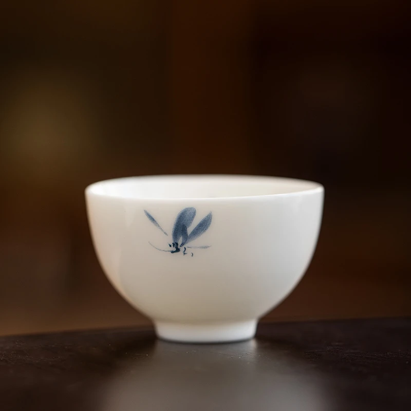 玉泥白瓷秋水兰花茶杯品茗杯女单个喝茶杯子釉上彩主人杯陶瓷茶盏