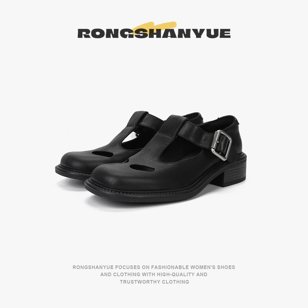 Rongshanyu玛丽珍单鞋英伦风进口A级牛皮T字带搭扣镂空女鞋B1181