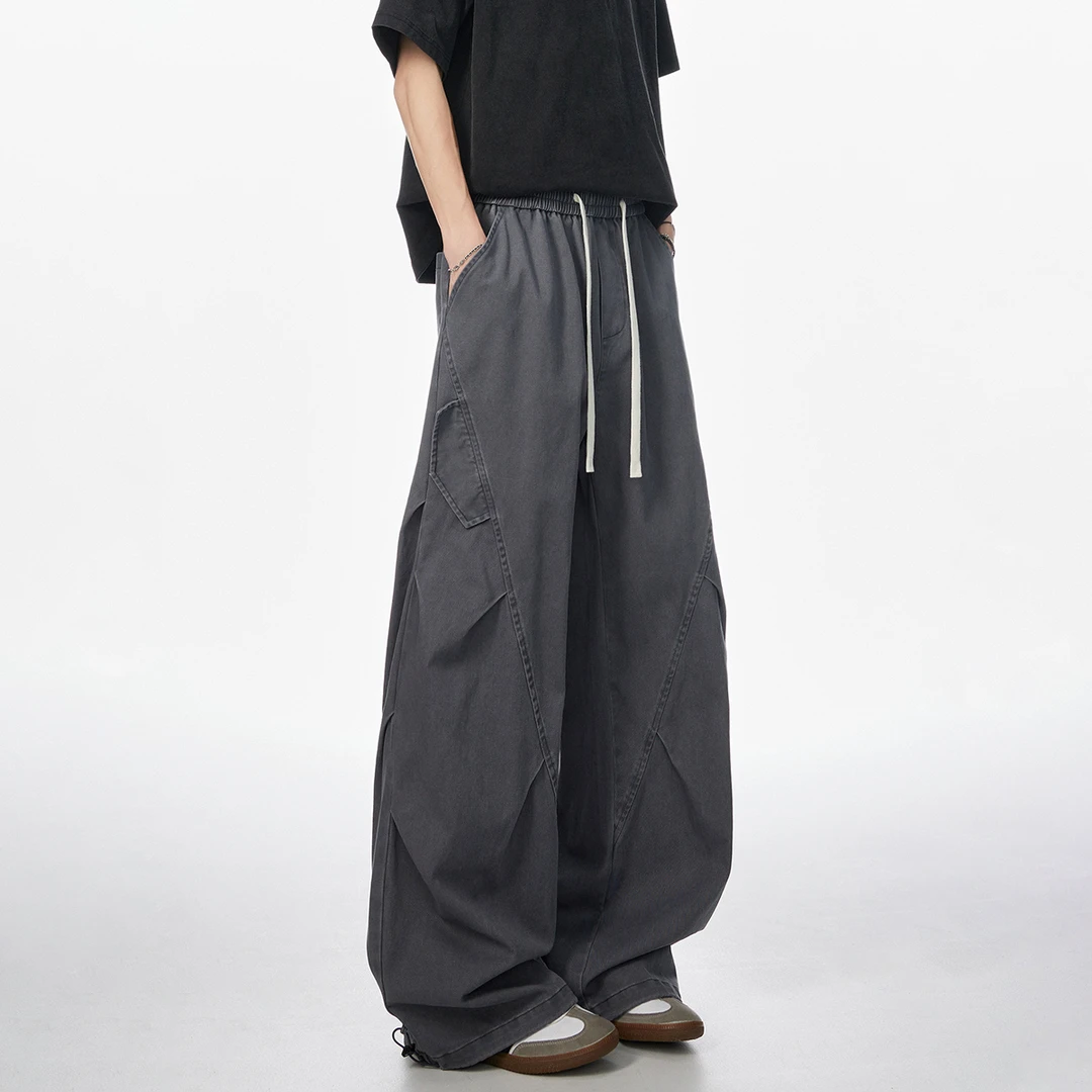 Ree seven美式复古立体剪裁A字版型褶皱工装休闲裤男女宽松直筒裤