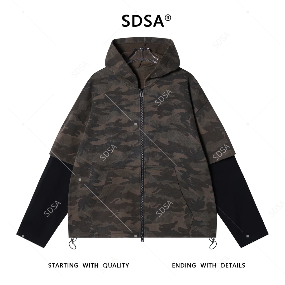 SDSA男士秋冬新款痞帅男装美式拼接迷彩拉链连帽卫衣时尚宽松上衣