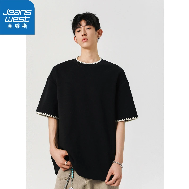 真维斯美式高街潮重磅花边短袖潮牌痞帅炸街t恤男圆领五分袖潮流
