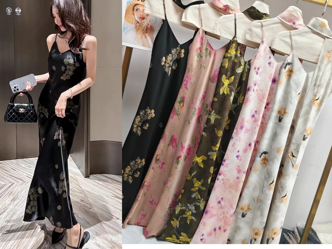 夏季醋酸缎面印花长款吊带长裙高级感轻奢显瘦百搭修身碎花连衣裙