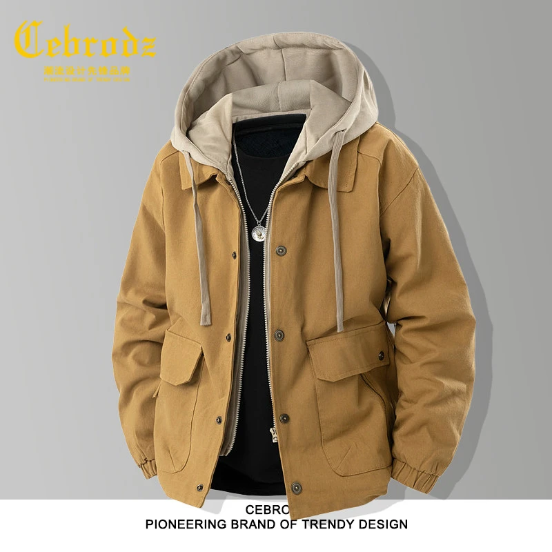 法国Cebrodz纯棉假两件外套男春秋季休闲爸爸夹克宽松工装中老年