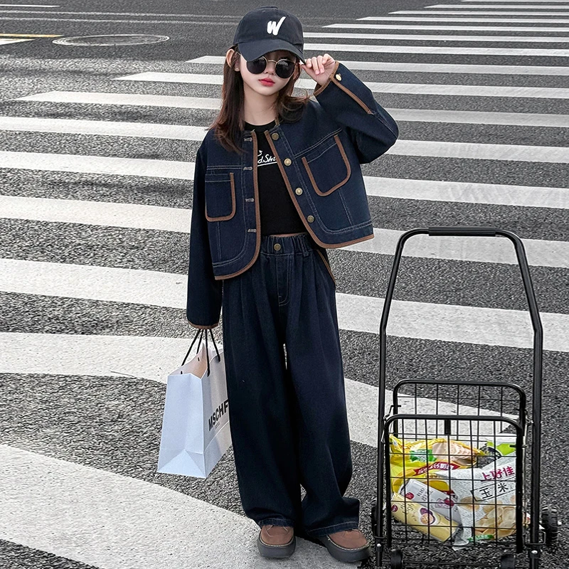 女童牛仔套装春秋季2025新款女大童韩系外套儿童春装阔腿裤两件套