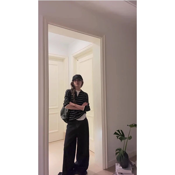 黑色条纹修身polo领长袖防晒罩衫女夏季原宿风上衣牛仔裤套装