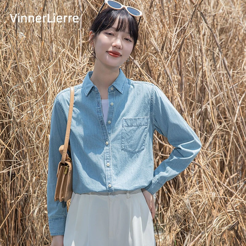 薇妮诺牛仔纯色打底衬衫外套口袋长袖衬衫春秋时尚显瘦蓝色浅色