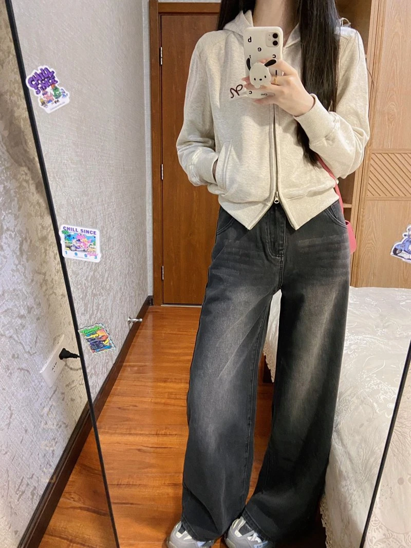 美式复古水洗黑灰色牛仔裤女春秋季高腰直筒裤宽松百搭阔腿裤子潮