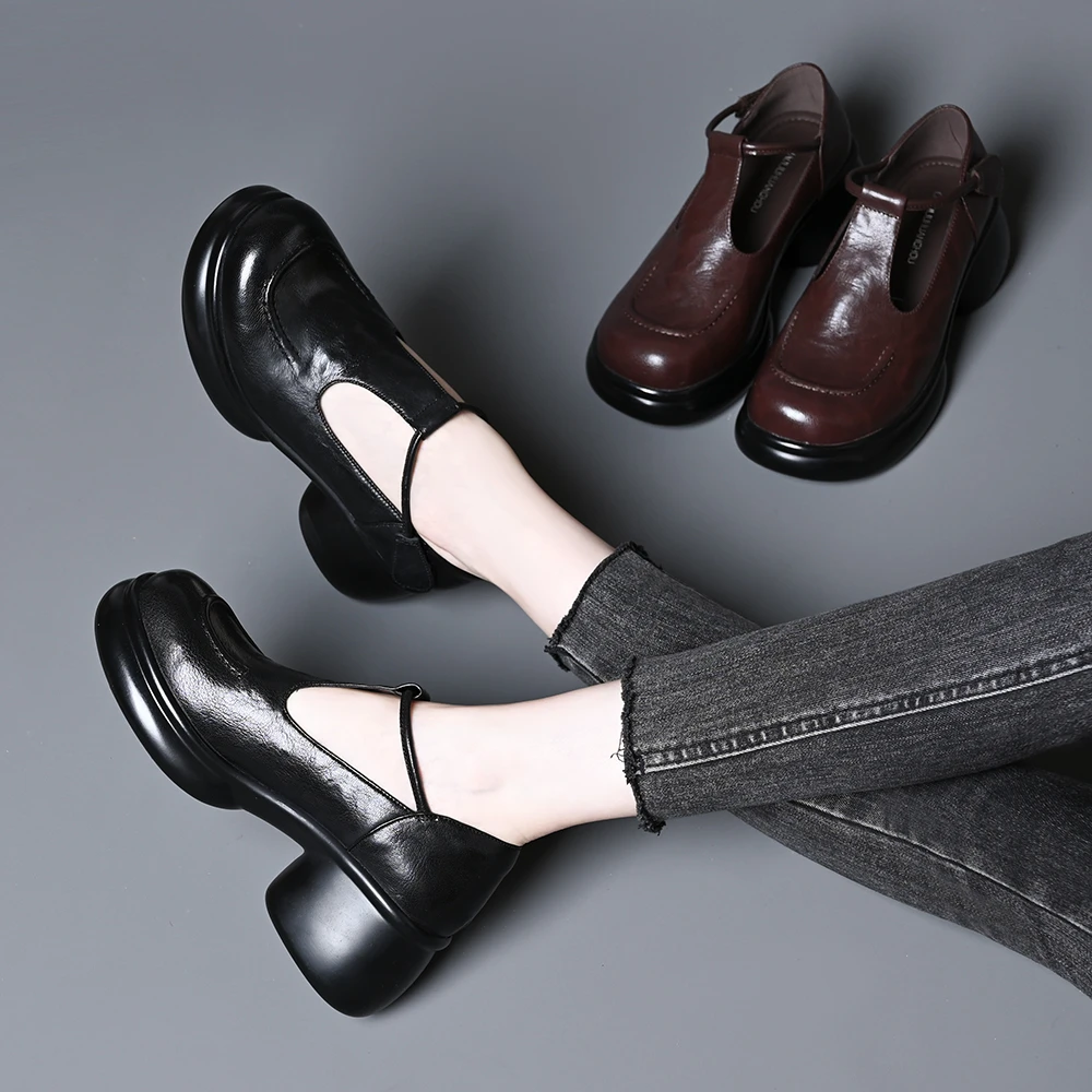 头层羊皮圆头浅口一字带粗跟百搭单鞋女春秋新款厚底玛丽珍小皮鞋