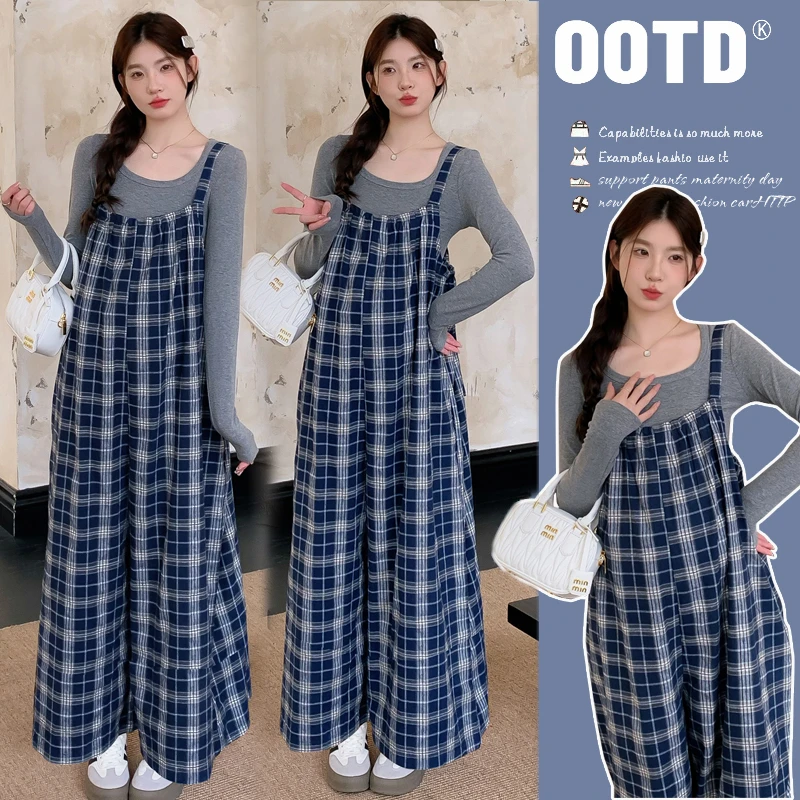孕妇装2025新款春装格子背带裤孕妈妈穿搭套装大码慵懒风两件套秋
