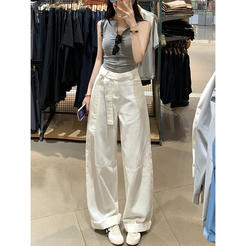 纯白调性飘带休闲阔腿牛仔裤女2025夏季新款高腰宽松显瘦垂感长裤