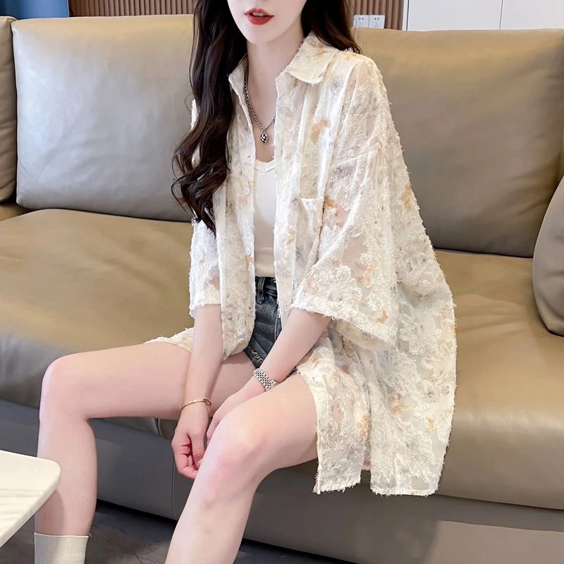 提花短袖衬衫夏季新款宽松显瘦女款防晒外套洋气衬衣网红防晒衣女