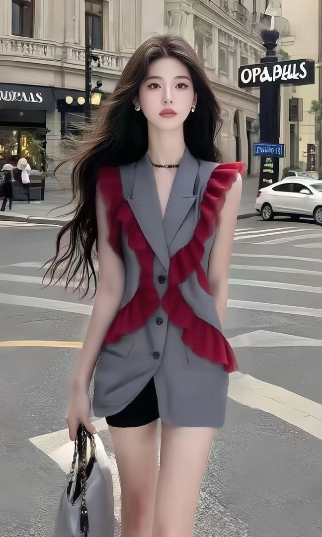 2025夏季新款灰色V领网纱拼接设计无袖修身连衣裙小众时尚气质