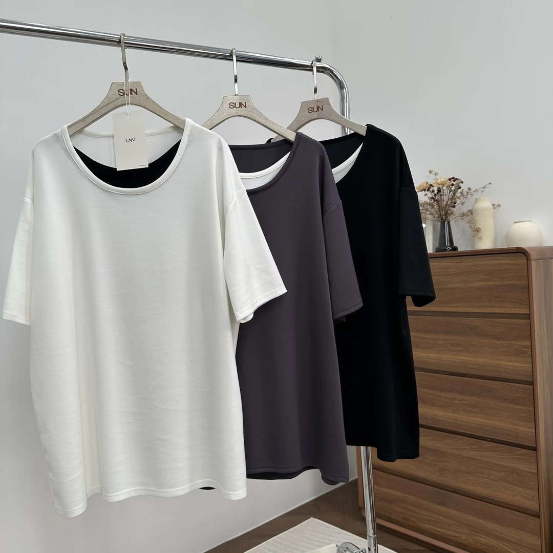 【林南南】假两件圆领拼色短袖T恤时尚休闲百搭宽松626536