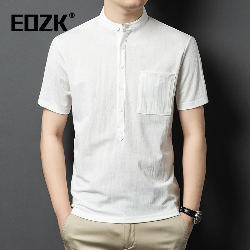 Eozk立领棉短袖T恤男士纯色百搭休闲中式夏季薄款舒适半袖体恤衫