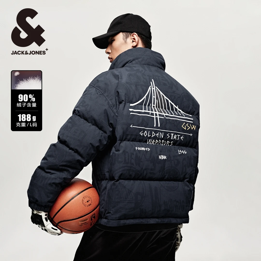 杰克琼斯男装厚外套NBA联名勇士队立领刺绣宽松羽绒服男保暖舒适