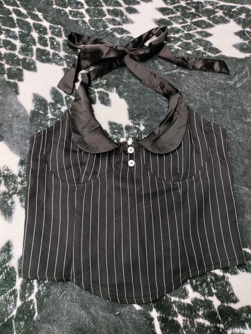 【F2-4】-美式条纹挂脖露背上衣