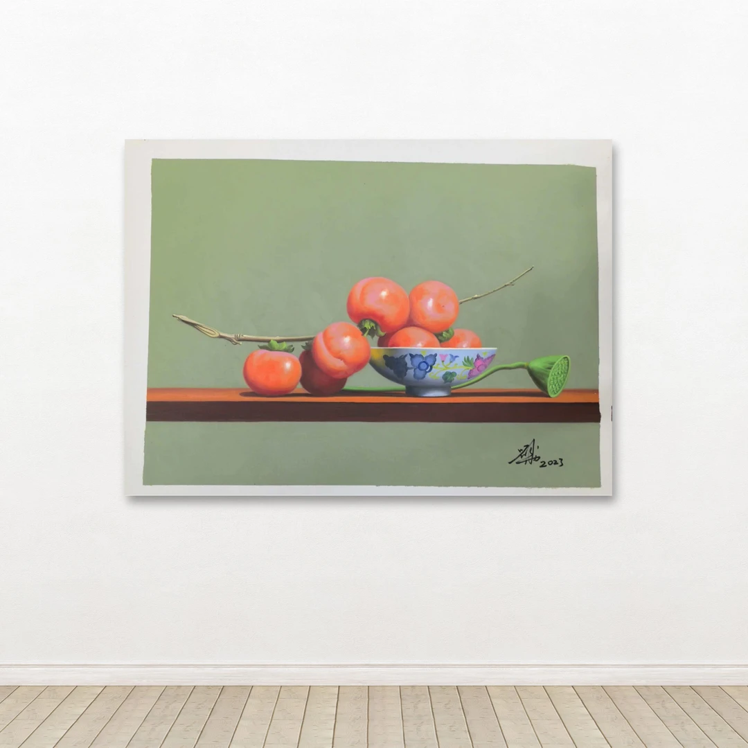 刘用华-手绘油画-写实柿子（莲蓬）-客厅办公室挂画