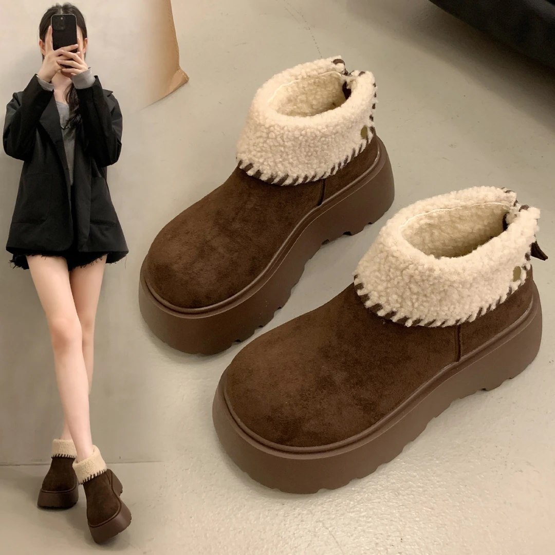 超火厚底雪地靴女款冬季加绒加厚翻领羊羔绒短靴高帮外穿保暖棉鞋